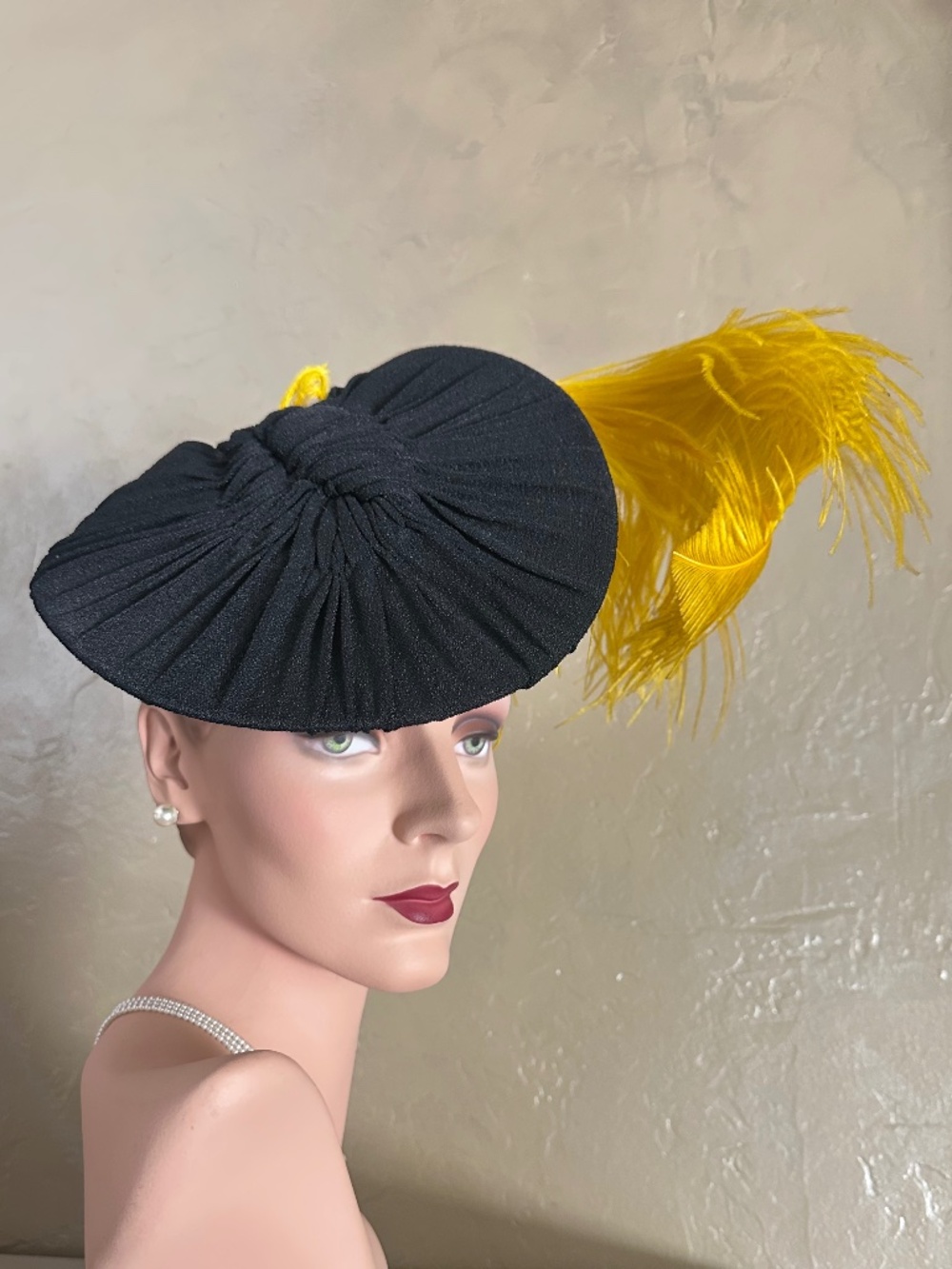 HAUTE COUTURE 1940s' BLACK DRAPED TILT HAT + LARGE YELLOW OSTRICH FEATHER